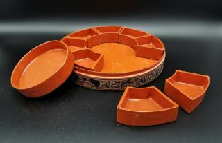 LARGE EARLY 1900 ' s BURMESE LACQUER CIRCULAR BOX WITH 9 COMPARTMENTS 2