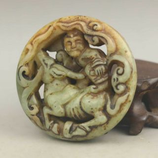Chinese Old Natural Jade Hand - Carved Statue Boy And Deer Pendant 2.  1 Inch
