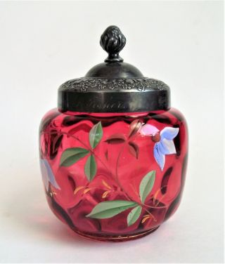 Antique Victorian Cranberry Enamel Art Glass Castor Jar Jam Pickle Silverplate