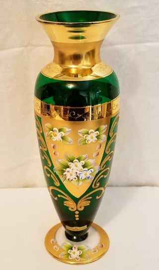 Antique Seyei Victorian Glass Vase Emerald Green Gold Gilt Floral 9 1/4 " Tall