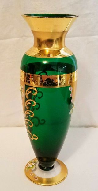 ANTIQUE SEYEI Victorian Glass Vase EMERALD GREEN GOLD GILT FLORAL 9 1/4 