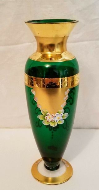 ANTIQUE SEYEI Victorian Glass Vase EMERALD GREEN GOLD GILT FLORAL 9 1/4 