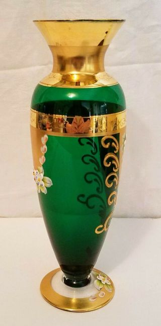 ANTIQUE SEYEI Victorian Glass Vase EMERALD GREEN GOLD GILT FLORAL 9 1/4 