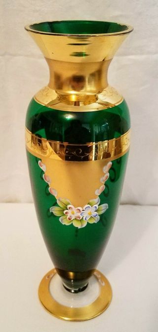 ANTIQUE SEYEI Victorian Glass Vase EMERALD GREEN GOLD GILT FLORAL 9 1/4 