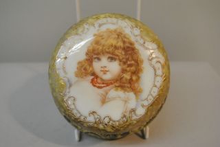 Antique Victorian Flip Top Art Glass Vanity Jar with Portrait of Young Girl 3