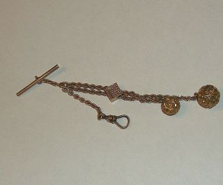 ANTIQUE VINTAGE GOLD FILLED 3 CHAIN WATCH FOB 2 ORNATE BALLS 2