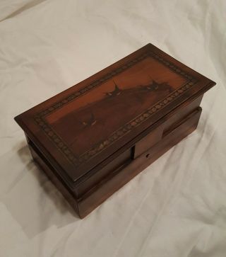 Antique Victorian Mahogany Jewelry Box Inlaid With Sparrows And Flowers