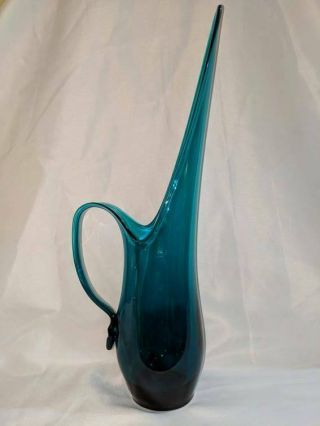 Vintage Blue/teal Blown Glass Stretch Pitcher In