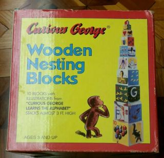 Vintage Curious George Wooden Nesting Blocks Abc 