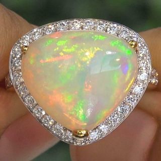 7.  94 Carat White Opal And Diamond 14k Yellow Gold Cocktail Ring Collectors Grade
