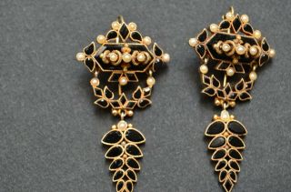 14k Gold Victorian Dangle Earrings W/ Onyx & Seed Pearls