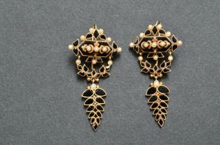 14k Gold Victorian Dangle Earrings w/ Onyx & Seed Pearls 2