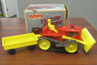 Vintage Marx Molded Plastic Mechanical Wind Up Tractor & Trailer W/orig Box