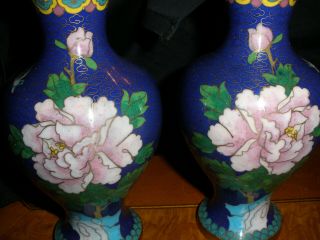 Prantique Chinese Cloisonne Vases Blue With Flowers And Bird 19th Century 6 Inch