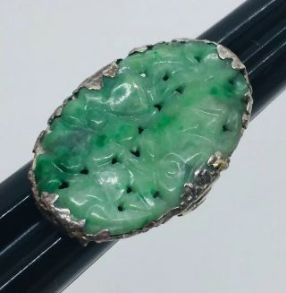 Antique Chinese Sterling Silver Carved Green Jade Large Ring Size 8