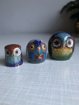 Vintage Retro Trio Of Cloisonné Enamel Owl 2 Decs 1 Thimble Colours