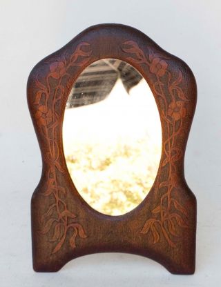 Vintage Art Nouveau Dresser Mirror Wood Hand Carved & Painted