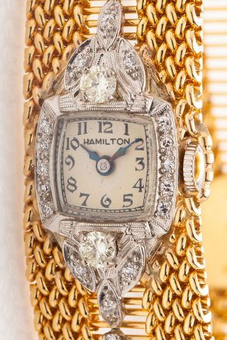 Antique 1940s 14k Yellow Gold Platinum 1ct Vs H Diamond Ribbon Ladies Watch 51g
