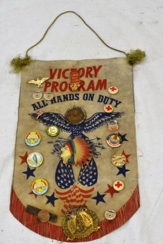 Vtg Victory Program All Hands On Duty Banner Pinbacks Annie 