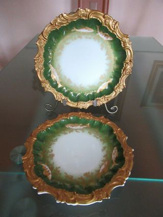 Pair Antique C.  1892 T&v Limoges France Hp Heavy Gilded Molded Cabinet Plates