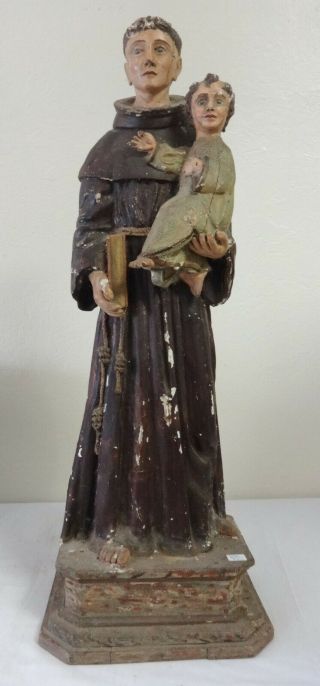 Antique Large Carved Wood Santos Religious Figure Holding A Child 19th Century
