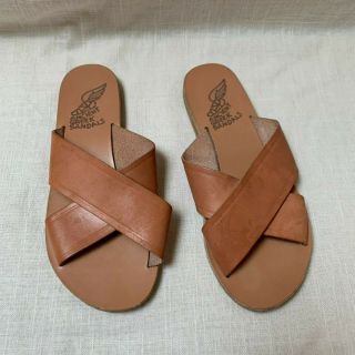 Ancient Greek Sandals Thais Natural Brown Leather Criss Cross Slide Sandal 37/7