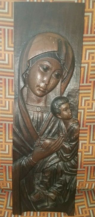 Vintage Hand Carved Madonna And Child Wooden Wall Panel.  21.  5 "