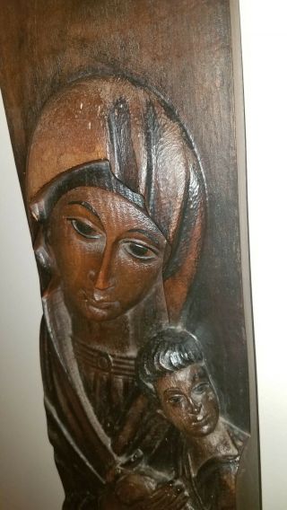 Vintage Hand Carved Madonna and Child Wooden Wall Panel.  21.  5 