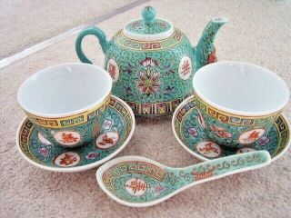 Chinese Famille Rose Green Porcelain Tea Set:2 Cups,  2 Saucers,  Teapot,  Spoon