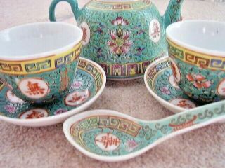 Chinese Famille Rose green porcelain tea set:2 cups,  2 saucers,  teapot,  spoon 2