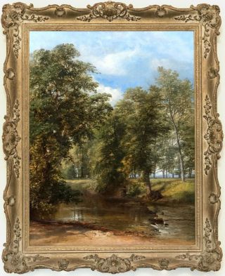Children In A River Landscape Antique Oil Painting By James Poole (1804 - 1886)