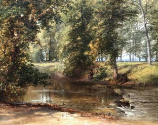 Children in a River Landscape Antique Oil Painting by James Poole (1804 - 1886) 3