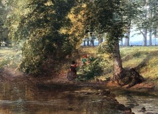 Children in a River Landscape Antique Oil Painting by James Poole (1804 - 1886) 5