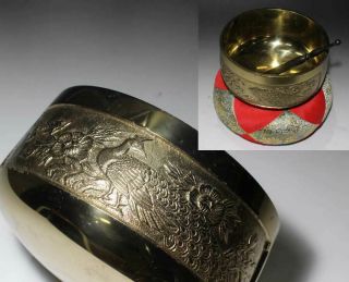 Japanese Buddhist Altar Singing Bowl Bell " Rin " Peony & Peacock Carving 3 - Piece