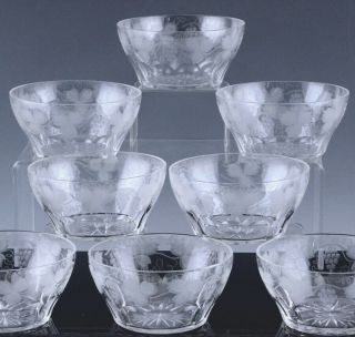 Exquisite Set 8 Antique Bohemian Etched Glass Finger Or Ice Cream Serving Bowls