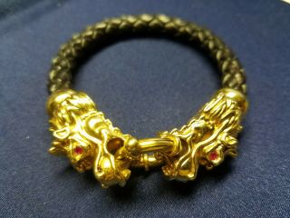 Otc Italy 18k Yellw Gold Double Dragon Head Braided Leather Necklace Ruby Eyes?