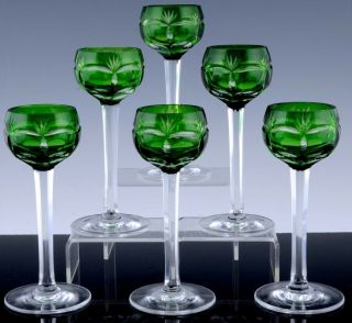 V.  Set 6 Green Cut Clear Bohemian Glass Liqueur Vodka Shot Stemware Glasses