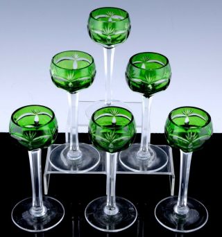 V.  SET 6 GREEN CUT CLEAR BOHEMIAN GLASS LIQUEUR VODKA SHOT STEMWARE GLASSES 2