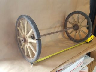 Antique Vintage Wooden Spoke Wheels With Rubber Tire 12in With Axel 22 In Long