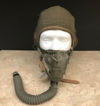 Vintage Wwii Type A - 2 Air For Flight Cap W/ Type A - 10 Pilot Oxygen Mask