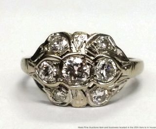 14k White Gold Approx 1ctw Old Cut Diamond Antique Retro Deco Ring Size 7