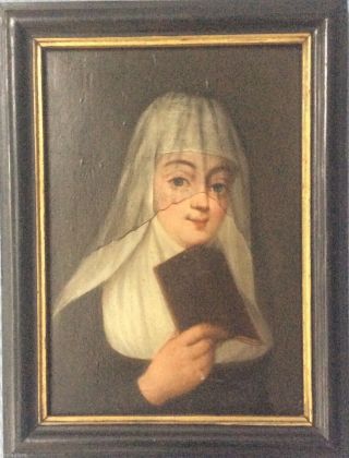 Antique Flemish School Portrait Of A Nun Holding A Book Painting Oil On Wood
