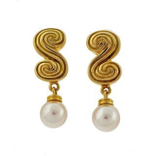 Vintage Tiffany & Co 18k Scroll Yellow Gold Earrings With Pearl Dangles