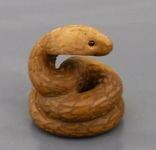 Vintage Hand Carved Wooden Netsuke Figure Of A Coiled Snake - Cobra