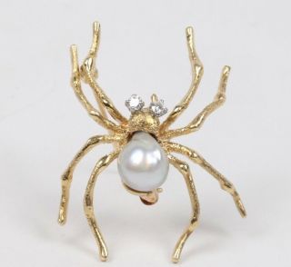 Spider Brooch Pin 14k Yellow Gold Diamonds Pearl