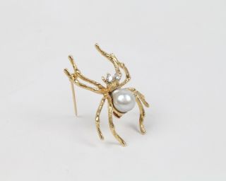 Spider Brooch Pin 14K Yellow Gold Diamonds Pearl 2