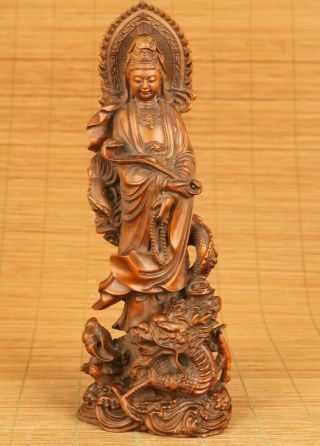 Antique Chinese Old Big Boxwood Hand Carved Dragon Kwan - Yin Statue Netsuke