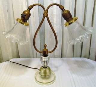Antique Art Nouveau French Brass Desk Lamp With Glass Body & Tulip Shades