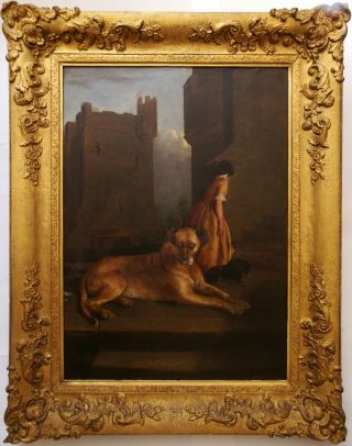 Thos Grimshaw Antique Oil Painting,  Great Dane,  Spaniel,  Girl In Castle