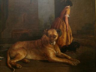 THOS GRIMSHAW ANTIQUE OIL PAINTING,  GREAT DANE,  SPANIEL,  GIRL IN CASTLE 3